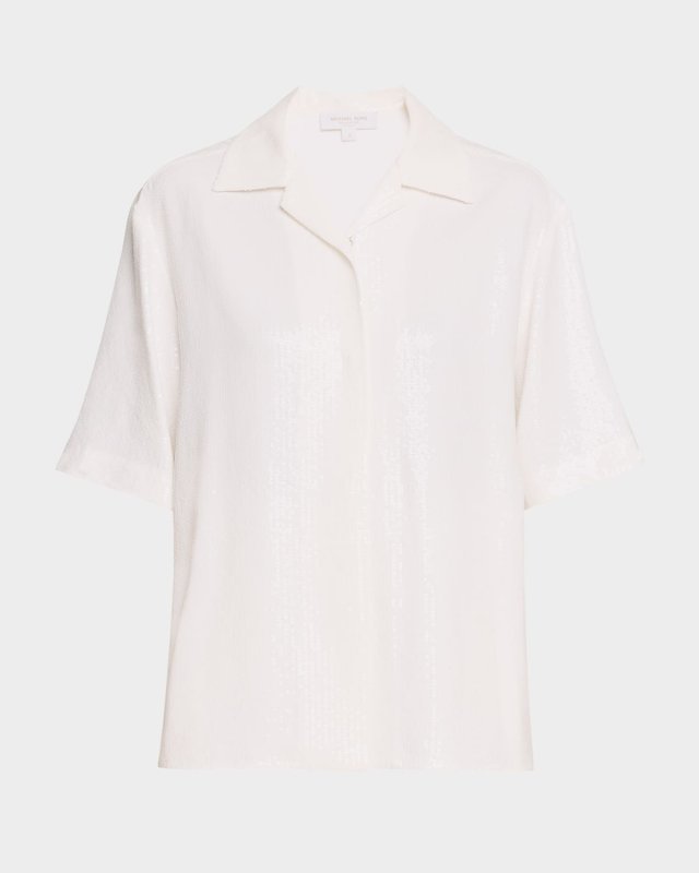 Sequined Short Sleeve Button Up Top